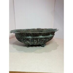 Large Verdigris Metal Bowl Planter Footed Scalloped Rim Garden Decor 16”